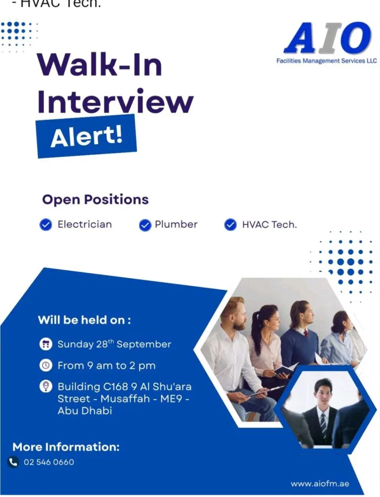 AIO FM is Hiring in Abu Dhabi: Electrician, Plumber, and HVAC Technician Roles