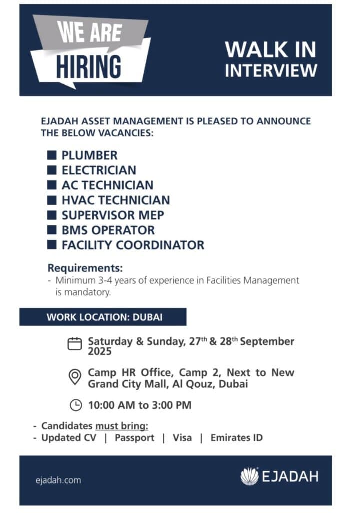 Ejadah Walk-in Interview in Dubai – September 2025 Hiring Alert 1 Ejadah Walk-in Interview in Dubai – September 2025 Hiring Alert