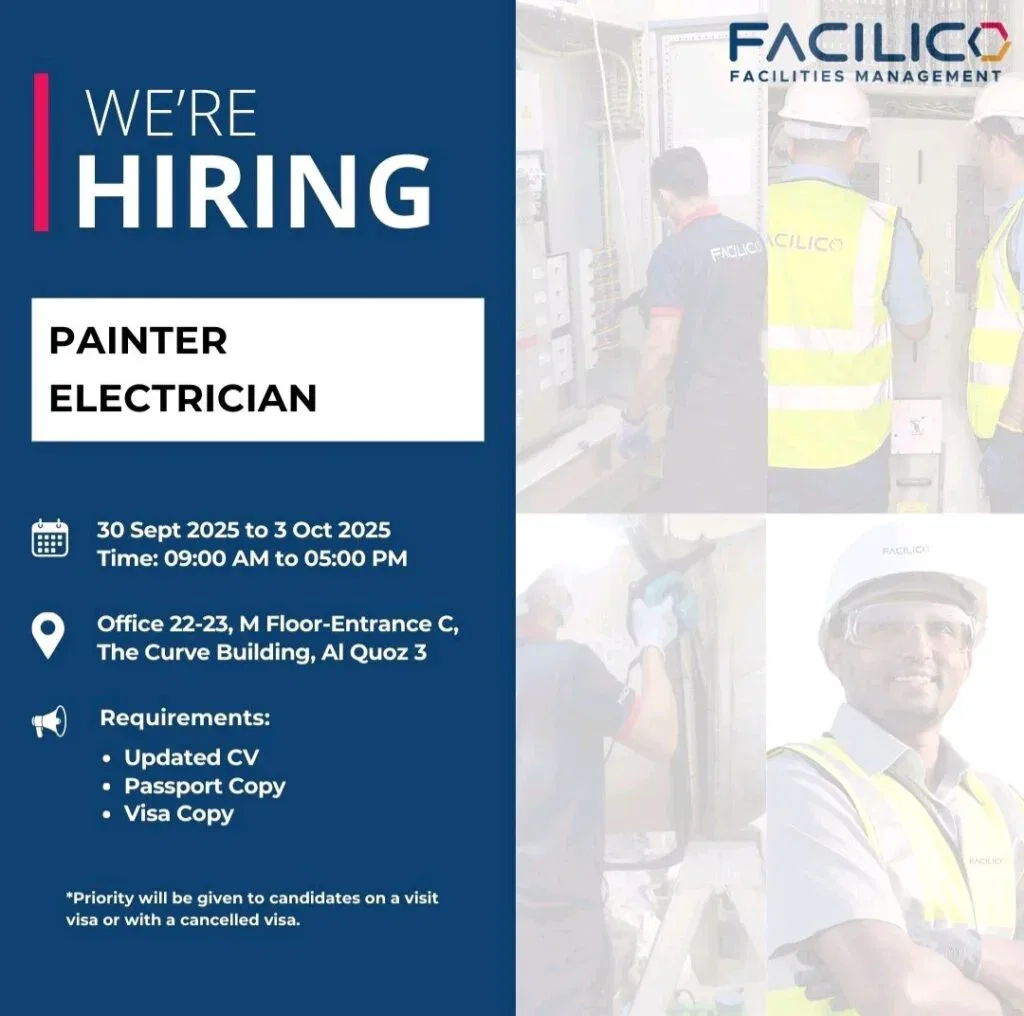 Facilico is Hiring in Dubai: Walk-in Interviews for Electricians and Painters in Dubai – September 2025