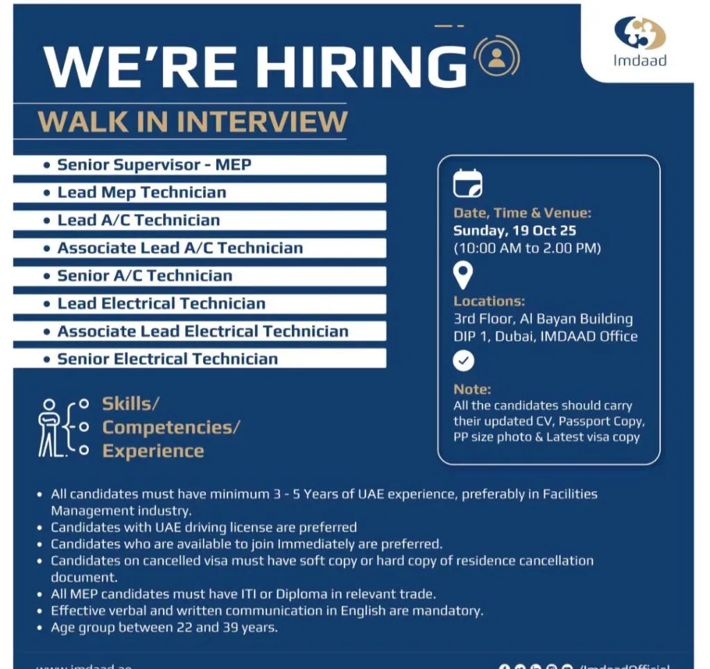 Walk in Interview Dubai 2025 – Imdaad Group Careers Hiring