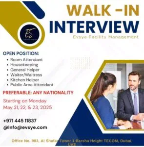 EvSye Facility Walk in Interview in Dubai 2025: Dates, Venues, and Key Details