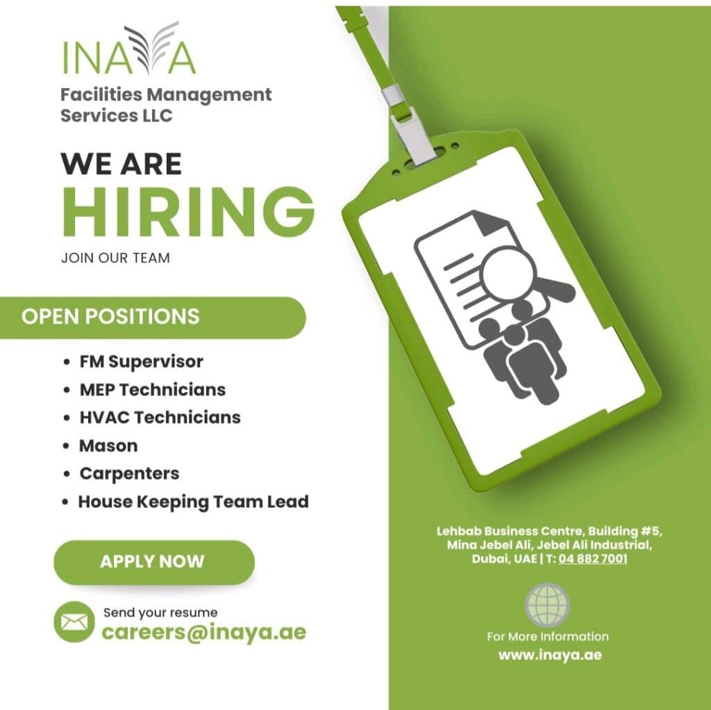 Join the Inaya FM Team: We're Hiring Skilled Talents in Dubai 2025 1 Join the Inaya FM Team: We're Hiring Skilled Talents in Dubai 2025
