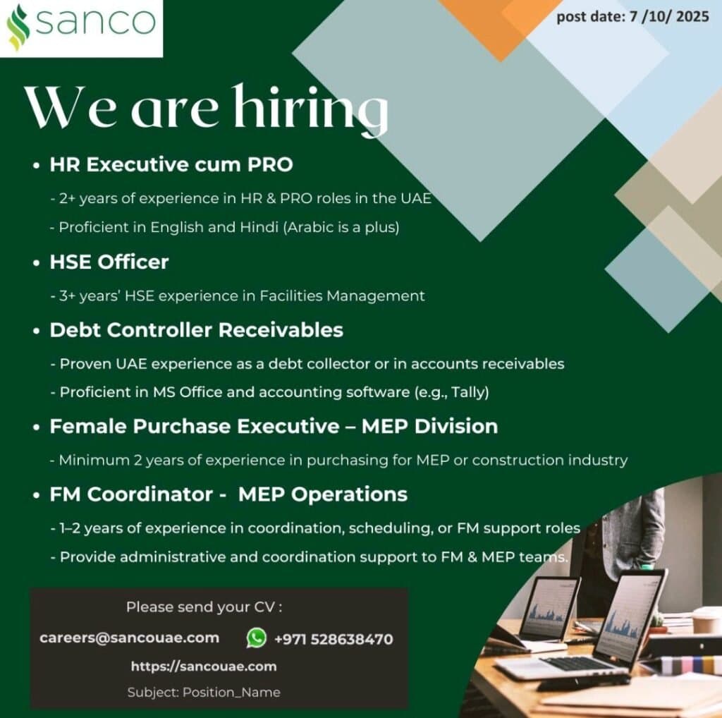 Join Sanco Electromechanical LLC: We Are Hiring for Multiple MEP and HVAC Roles in the UAE 1 Join Sanco Electromechanical LLC: We Are Hiring for Multiple MEP and HVAC Roles in the UAE