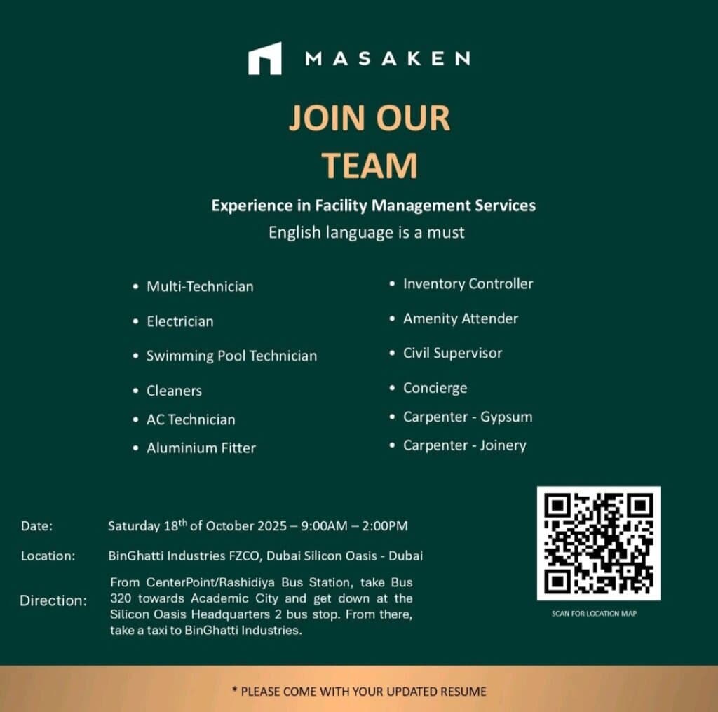Masaken Open Day Recruitment in Dubai 2025: Dates, Venues, and Key Details 1 Masaken Open Day Recruitment in Dubai 2025: Dates, Venues, and Key Details