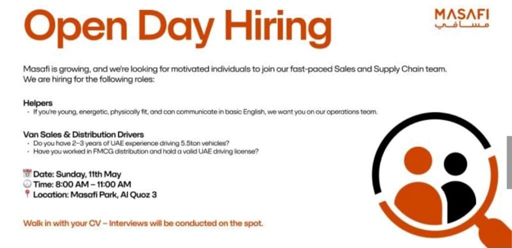 Masafi Open Day Hiring in Dubai 2025: Dates, Venues, and Key Details 1 Masafi Open Day Hiring in Dubai 2025: Dates, Venues, and Key Details