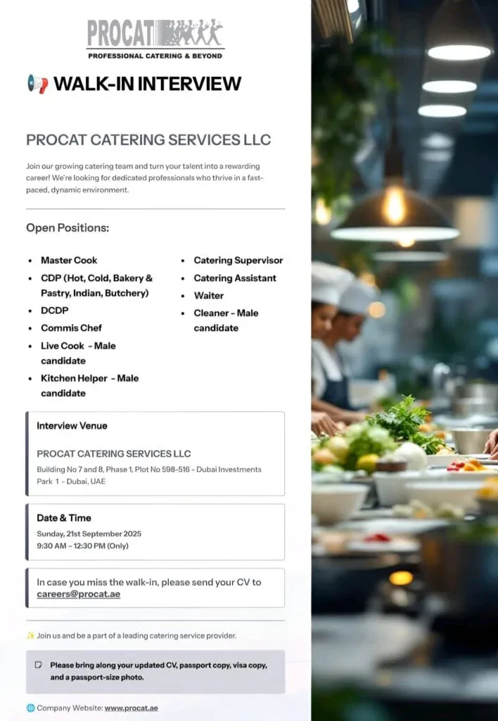 Procat Catering Open Day Recruitment in Dubai 2025: Dates, Venues, and Key Details