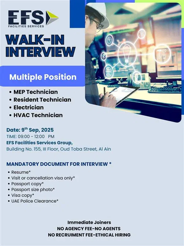 EFS Facilities Services Walk-In Interview: Your Chance to Land a Technician Job in Al Ain