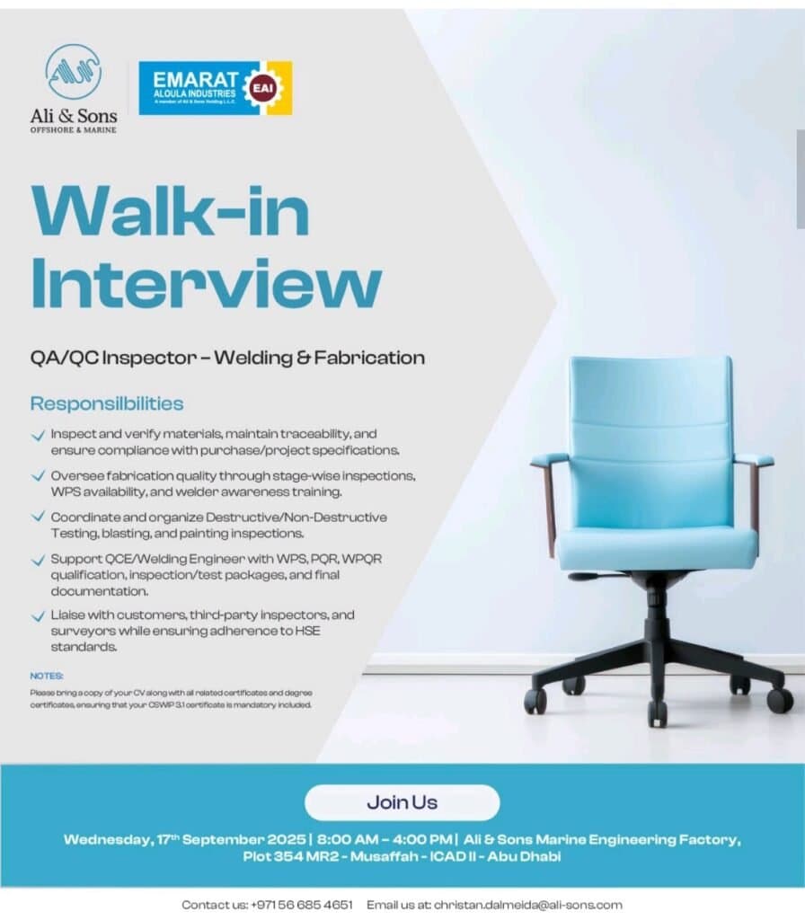 Build Your Career in QAQC: Ali & Sons Marine Engineering Hosts Walk-In Interview in Abu Dhabi 1 Ali & Sons Marine Engineering Hosts Walk-In Interview in Abu Dhabi