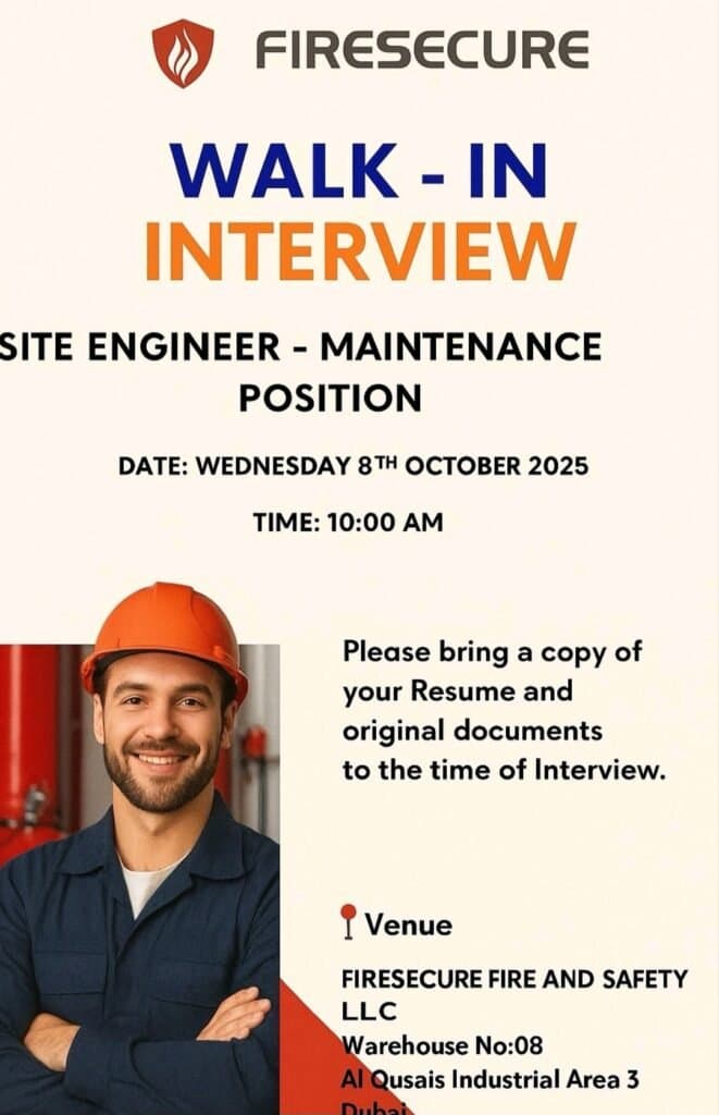 Your Chance to Shine: Firesecure Fire and Safety Announces Walk-In Interview for Site Engineer in Dubai 1 Firesecure Fire and Safety Announces Walk-In Interview for Site Engineer in Dubai