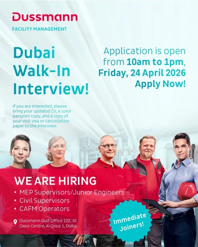 Dussmann Gulf Walk-in Interview Dubai: MEP, Civil & CAFM Jobs (24 April 2026)