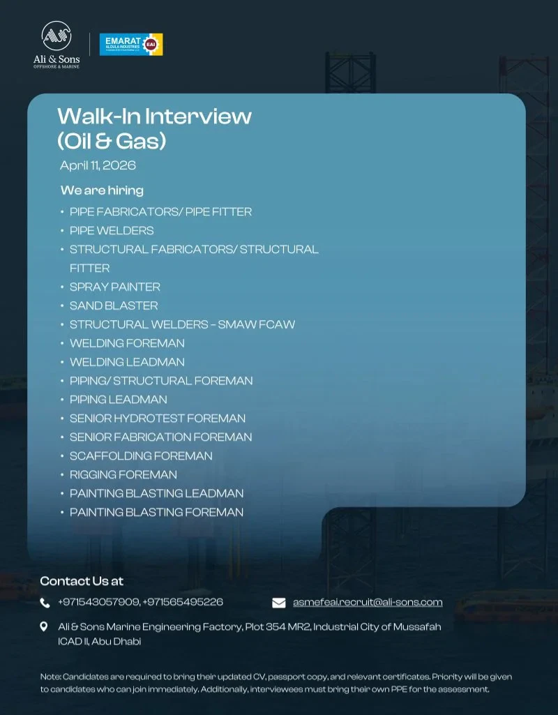 Walk-In Interview at Ali & Sons Marine Engineering Factory (ASMEF) – Oil & Gas Jobs in Abu Dhabi – 2026