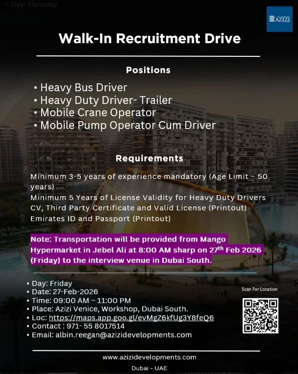 Azizi Developments Walk in Interview Dubai 2026 – Heavy Driver & Operator Jobs 1 Azizi Developments