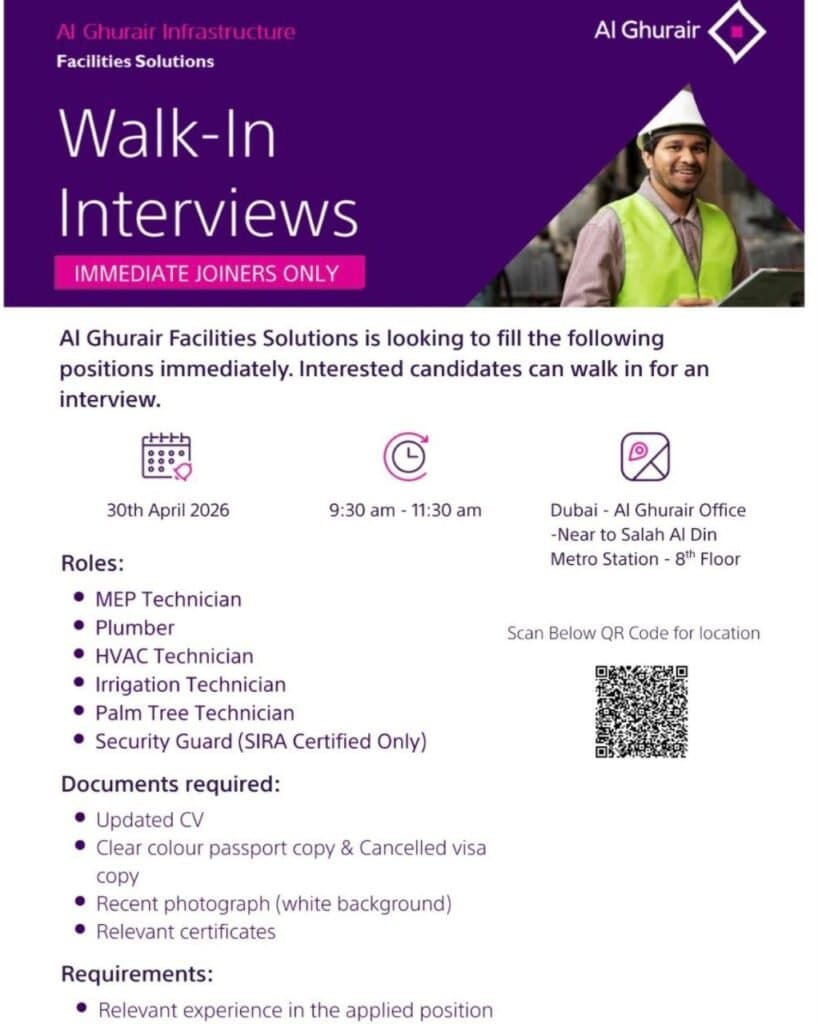 Al Ghurair Walk-in Interviews in Dubai: Immediate Openings for MEP, HVAC, Plumber & More (30th April 2026)