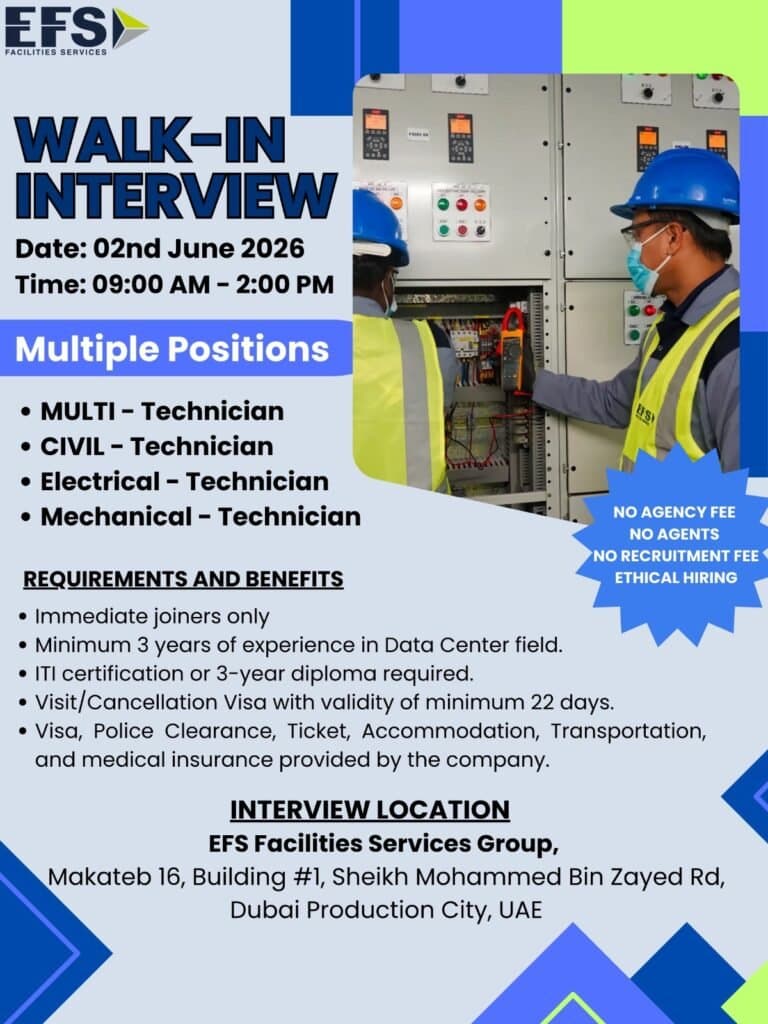 EFS Facilities Services Walk-In Interview 2026 for Technician Jobs in Dubai 1 EFS Facilities Services Walk-In Interview 2026 for Technician Jobs in Dubai