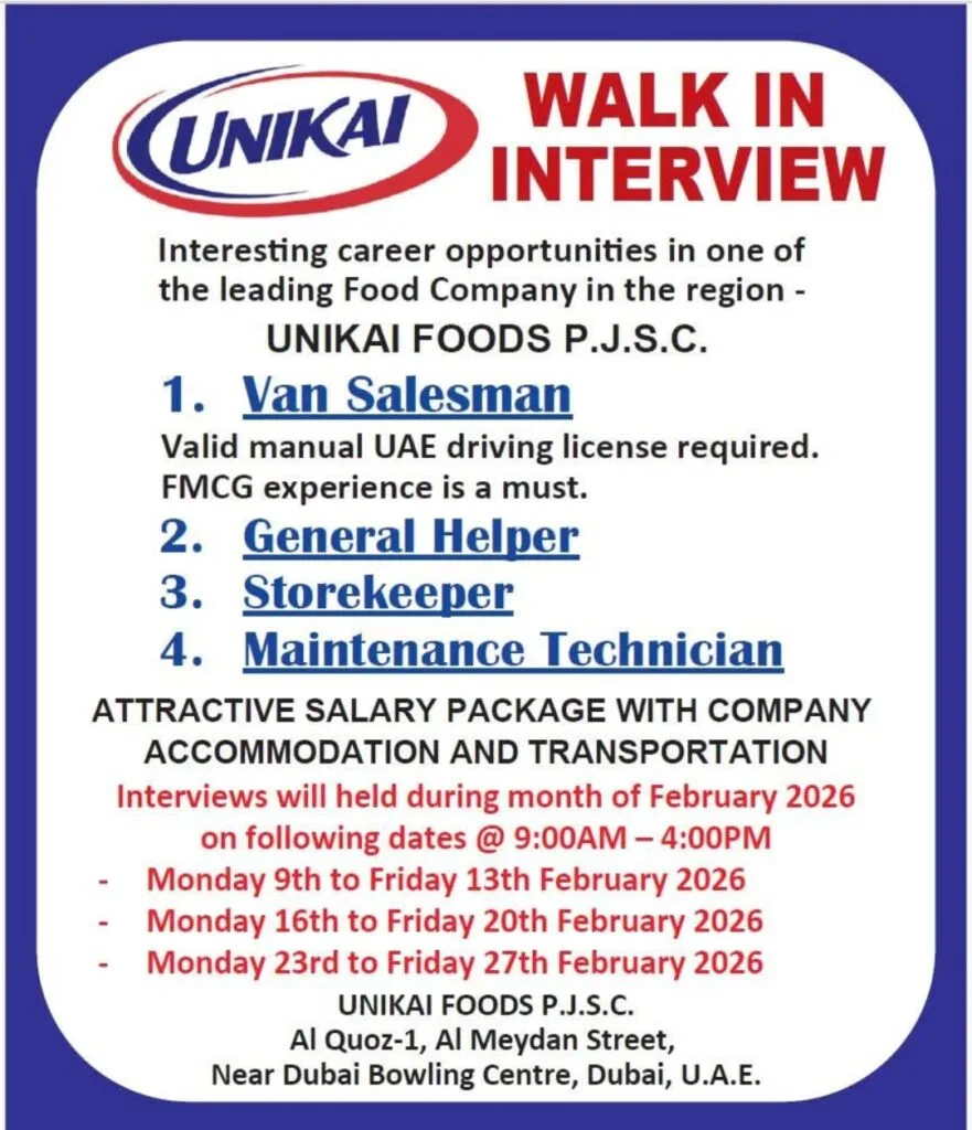 UNIKAI FOODS P.J.S.C. Walk in Interview Dubai – February 2026 1 UNIKAI FOODS P.J.S.C