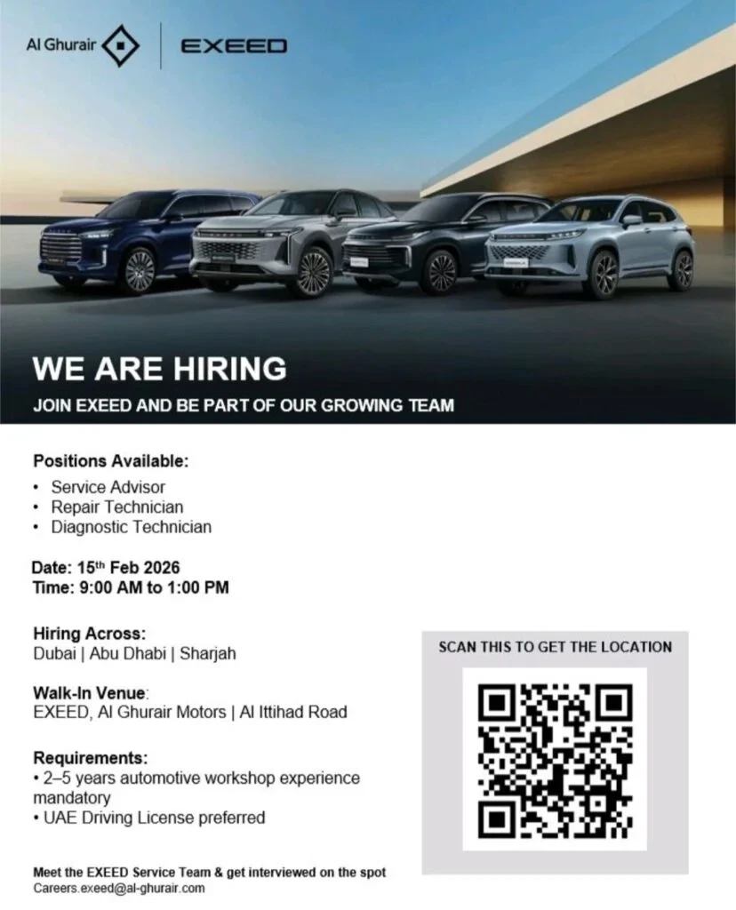 Walk-In Interview at EXEED UAE: Automotive Jobs in Dubai, Abu Dhabi & Sharjah 2026 1 EXEED UAE Al Ghurair Motors