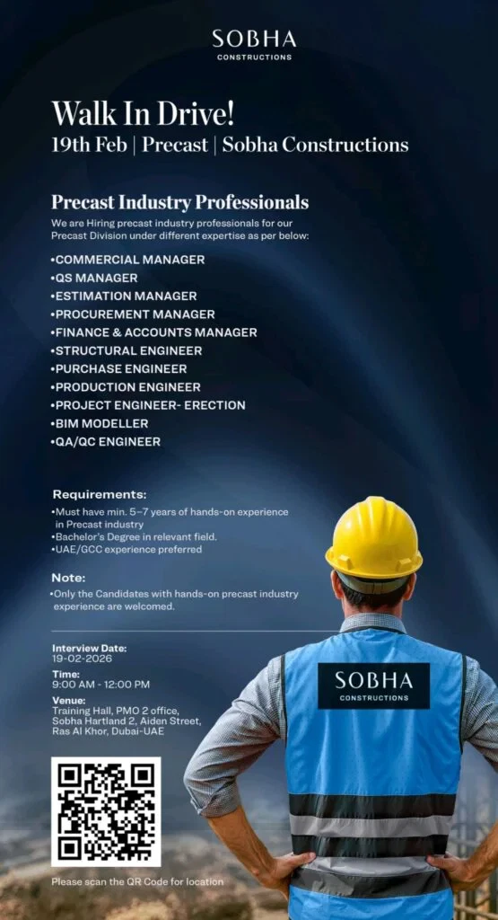 Sobha Constructions Walk-In Drive 2026: Hiring Precast Industry Professionals in Dubai 1 Sobha Constructions