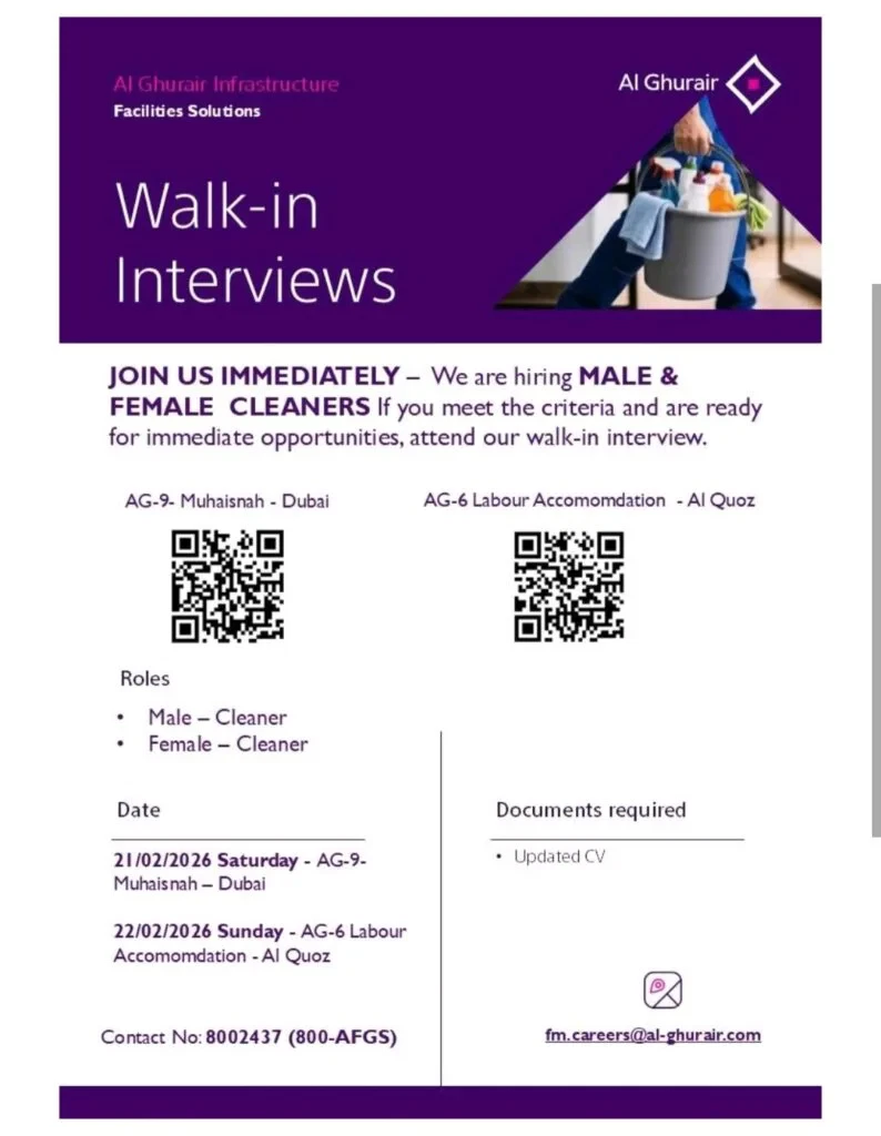 Al Ghurair Infrastructure Hiring Cleaners 2026: Walk-in Interview Dates in Dubai 1 Al Ghurair Infrastructure