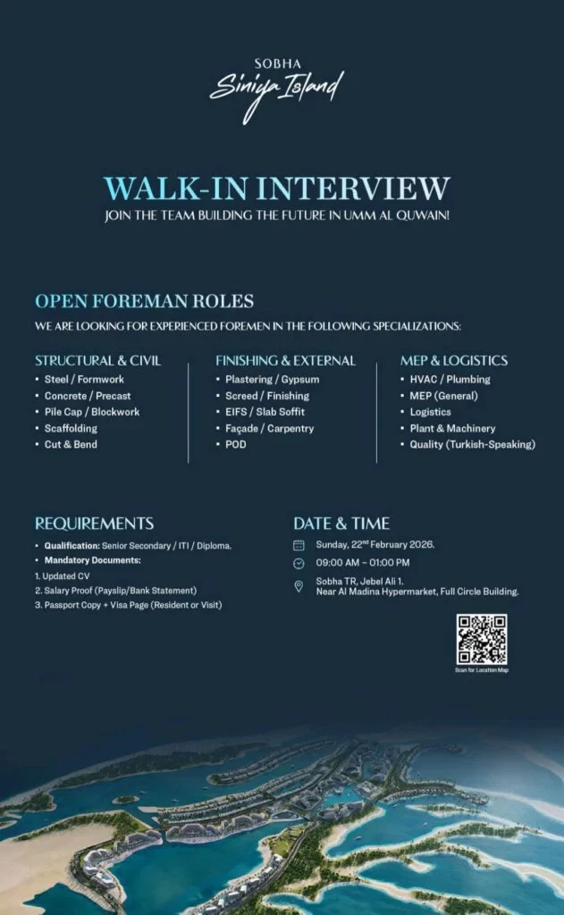Sobha Siniya Island Walk-in Interview 2026 – Foreman Jobs in Umm Al Quwain 1 Sobha Siniya Island