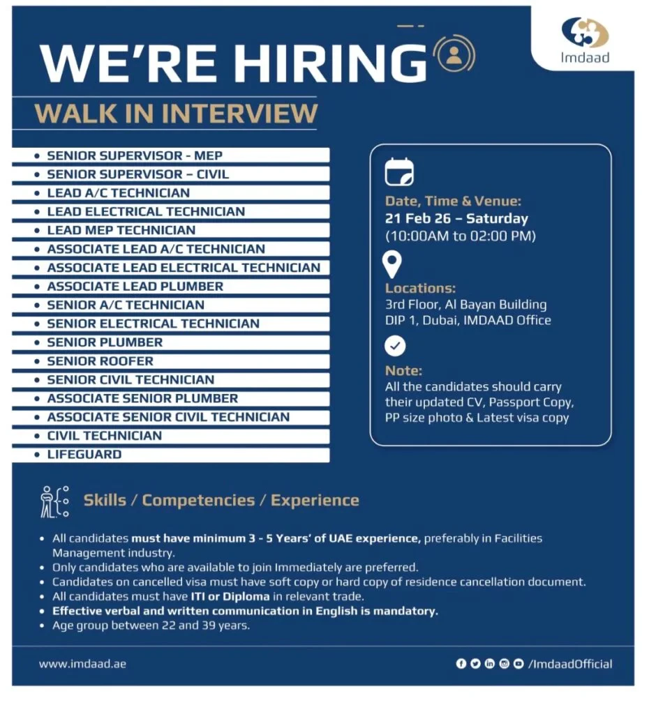 Urgent Walk in Interview in Dubai: Imdaad Hiring for MEP, Civil & Technician Jobs 2026 1 Imdaad