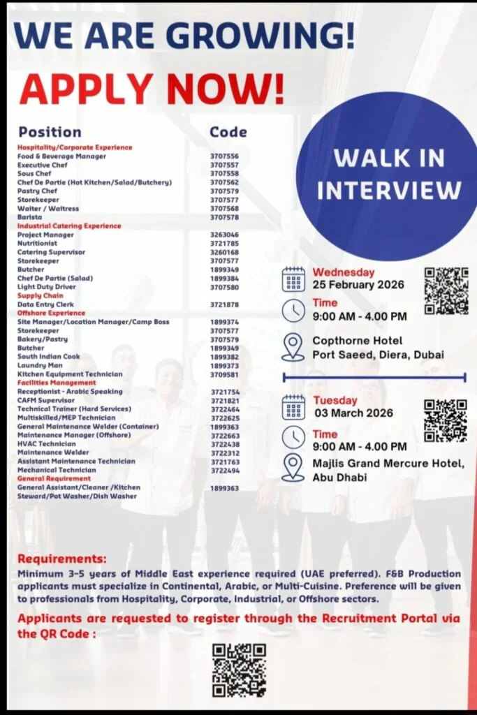 Walk-In Interview in Dubai & Abu Dhabi 2026: Kelvin Catering Service Hiring Multiple Positions 1 Kelvin Catering Service