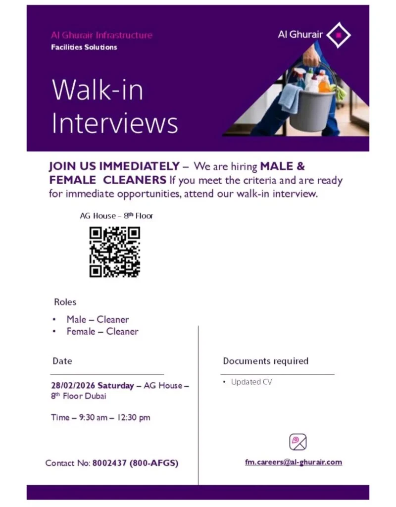 Al Ghurair Infrastructure Walk in Interviews for Cleaners (Male & Female) in Dubai – February 2026 2 Al Ghurair Infrastructure
