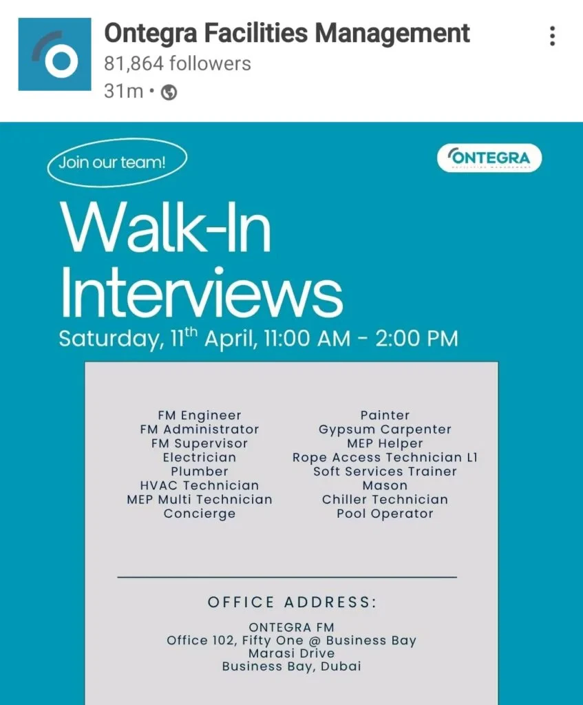 Ontegra Facilities Management Walk-In Interviews: Multiple Jobs in Dubai (April 11) 1 Ontegra Facilities Management Walk-In Interviews: Multiple Jobs in Dubai (April 11)