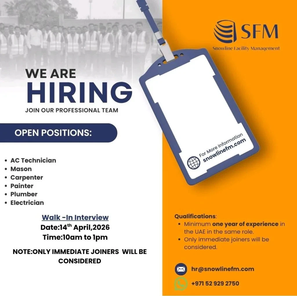 Snowline Facility Management Walk‑in Interview 2026: AC Technician, Mason, Carpenter & More 1 Snowline Facility Management Walk‑in Interview 2026: AC Technician, Mason, Carpenter & More