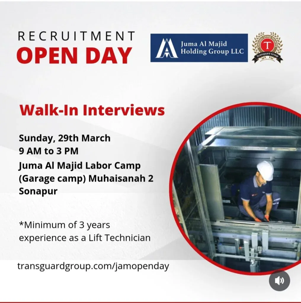 Transguard Group, in Collaboration with Juma Al Majid Holding Group, Announces Walk-in Interviews for Lift Technicians in Dubai