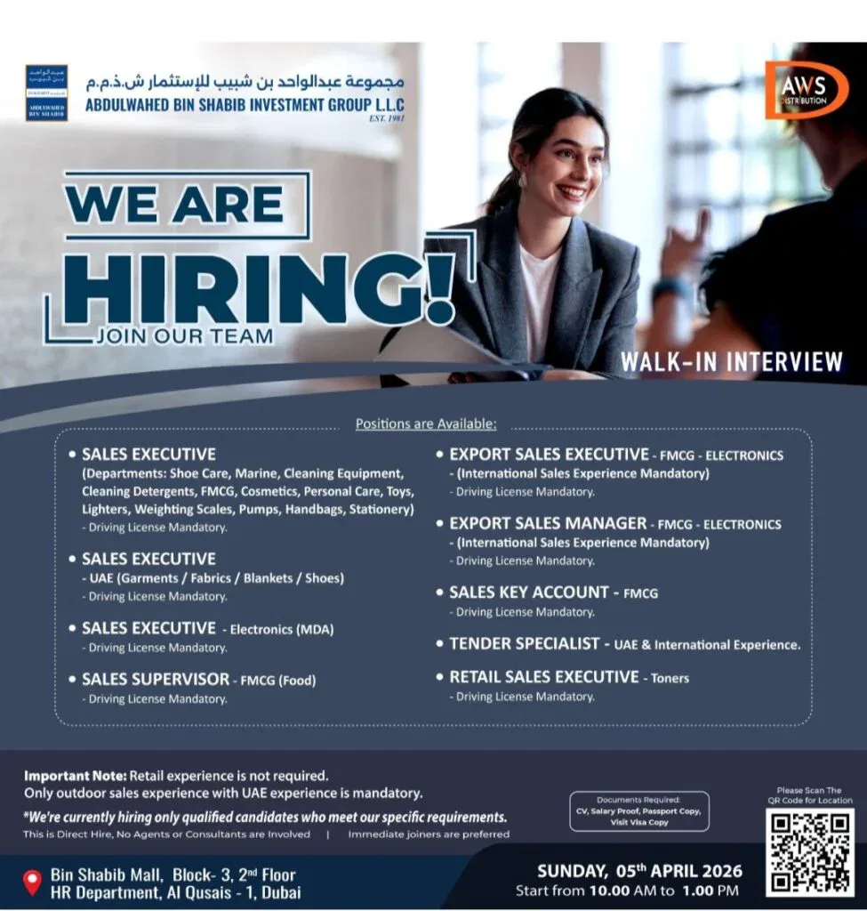 AWS Distribution Walk-in Interview in Dubai: Multiple Sales Positions Open on 29 March 2026