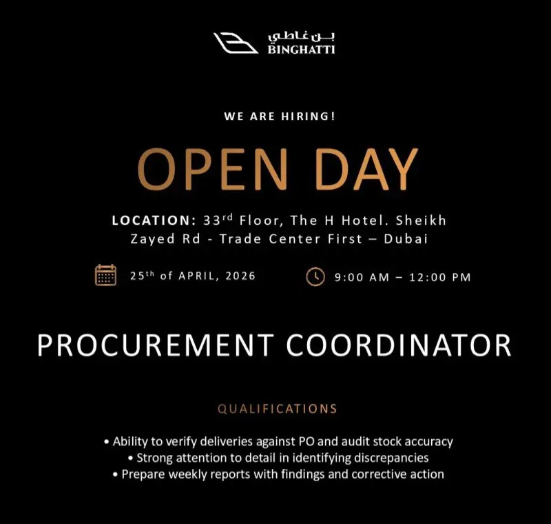 Binghatti Open Day 2026: Hiring Procurement Coordinator in Dubai 1 Binghatti
