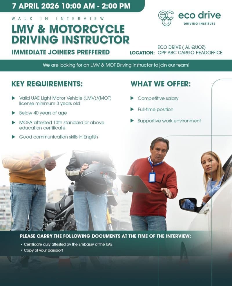 Eco Drive Walk in Interview in Dubai – LIV & Motorcycle Instructor (7 April 2026) 1 Eco Drive