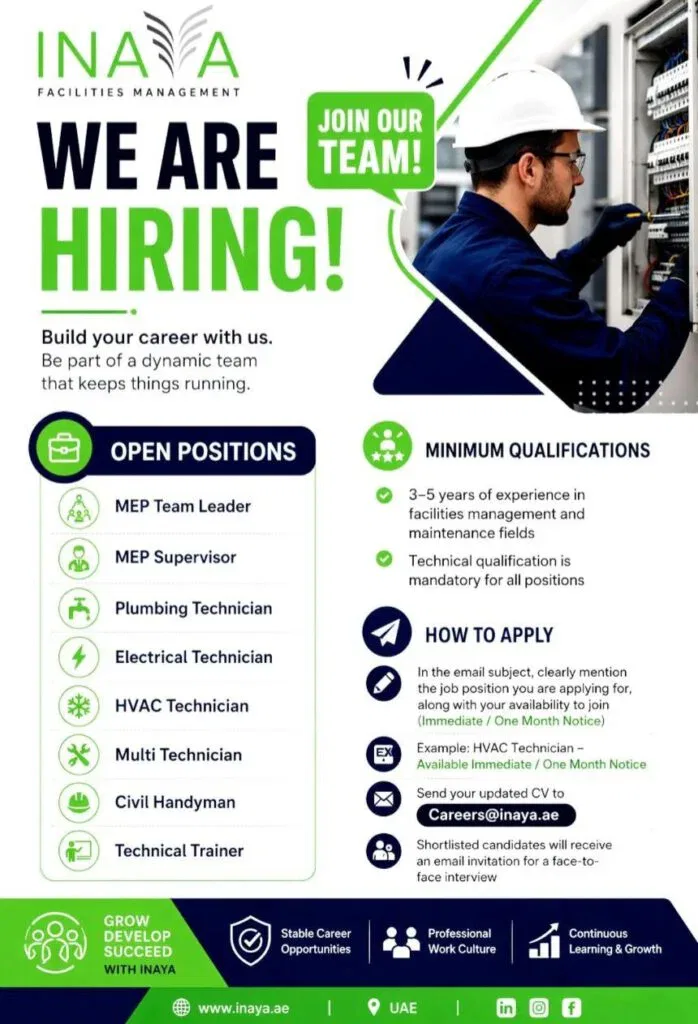 Inaya Facilities Management Is Hiring: Multiple MEP & Technician Jobs in Dubai 2026 1 Inaya Facilities Management Is Hiring