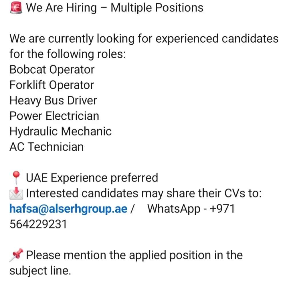 Urgent Job Vacancies at Al Serh Al Kabeer Construction – UAE Experience Preferred 2026 1 Al Serh Al Kabeer Construction Company