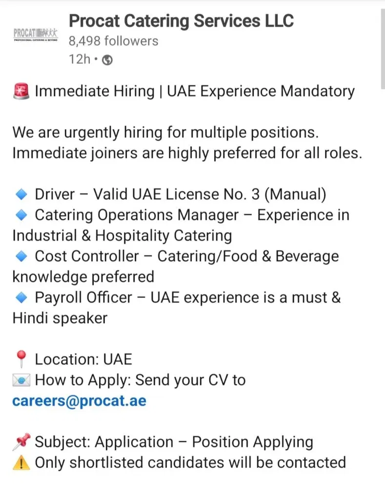 Urgent Hiring: Procat Catering Services Opens Multiple UAE Jobs with Immediate Joiners 2026 1 Procat Catering Services