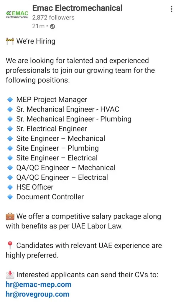 Emac Electromechanical Is Hiring in Dubai: Multiple MEP & Engineering Jobs Available 1 Emac Electromechanical