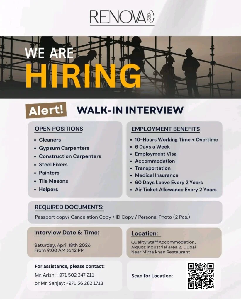 Walk-in Interview in Dubai: Renova 360 Hiring Cleaners, Carpenters, Helpers & More (April 18, 2026) 1 Renova 360