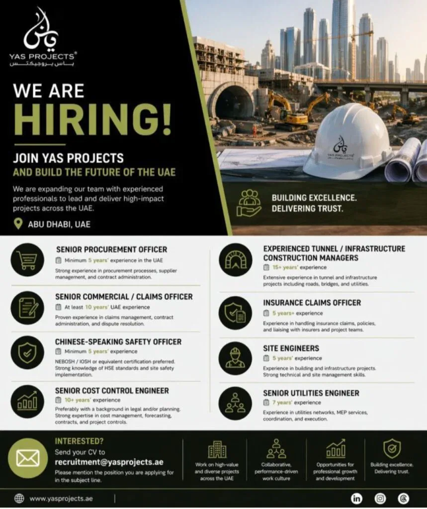 YAS Projects Is Hiring in Abu Dhabi: Multiple Construction & Infrastructure Roles (UAE) 1 YAS Projects