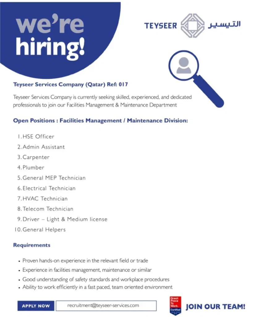 Teyseer Services Company W.L.L. Qatar Jobs 2026 – Facilities Management & Maintenance Hiring 1 Teyseer Services Company W.L.L