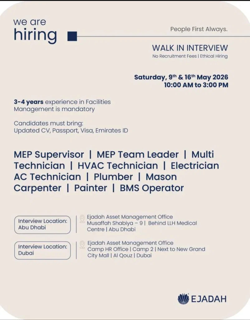 Ejadah Walk-in Interview 2026: Facilities Management Jobs in Abu Dhabi & Dubai