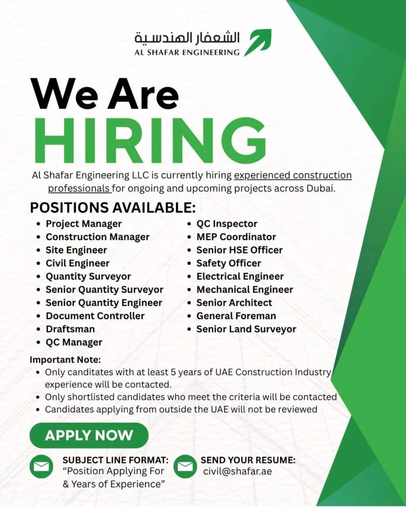 Al Shafar Engineering LLC Jobs in Dubai 2026 – Apply for Construction & Engineering Vacancies 1 Al Shafar Engineering LLC