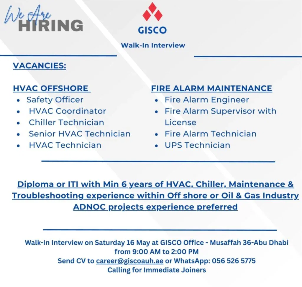 GISCO Walk-In Interview 2026 in Abu Dhabi for HVAC & Fire Alarm Jobs 1 GISCO Walk-In Interview 2026