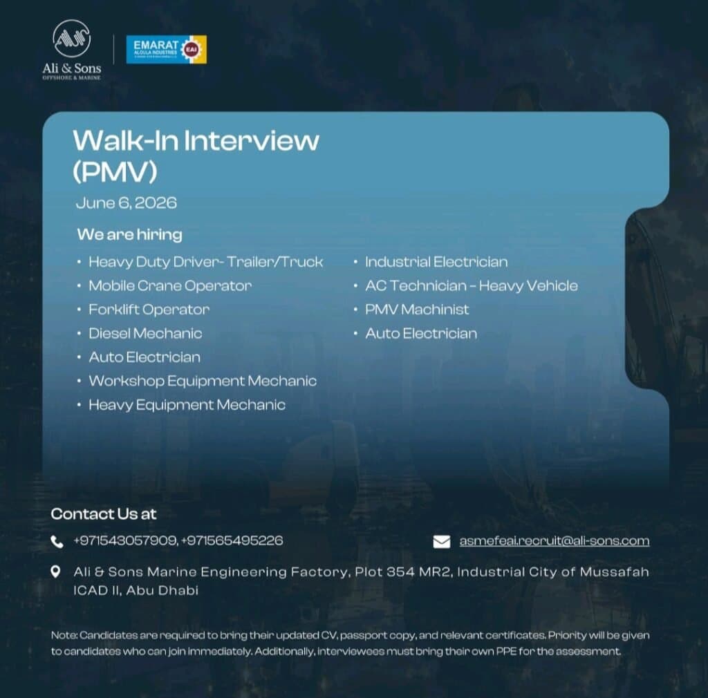 Ali & Sons Marine Engineering Factory Walk-In Interview 2026 | PMV Jobs in Abu Dhabi 1 Ali & Sons Marine Engineering