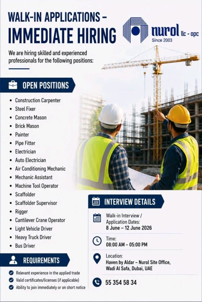 Nurol LLC Walk-In Interview 2026 – Immediate Hiring for Construction & Technical Jobs in Dubai 1 Nurol LLC