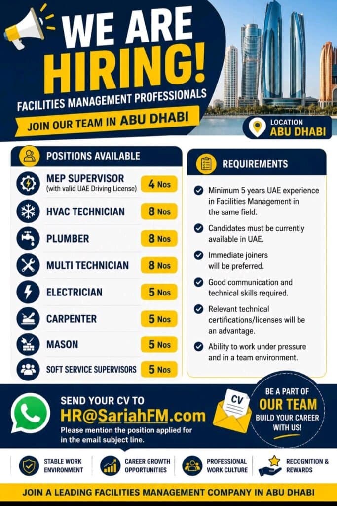 Sariah Facilities Management Careers in Abu Dhabi – Facilities Management Jobs UAE 2026 1 Sariah Facilities Management