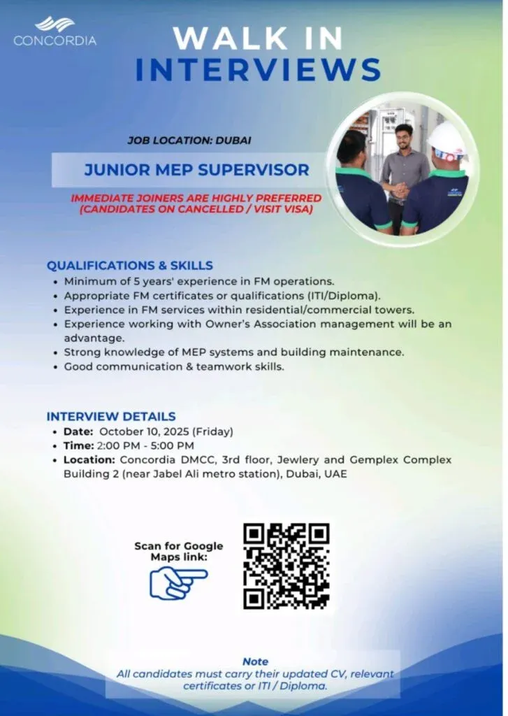 Concordia DMCC Walk-In Interviews for Junior MEP Supervisor in Dubai