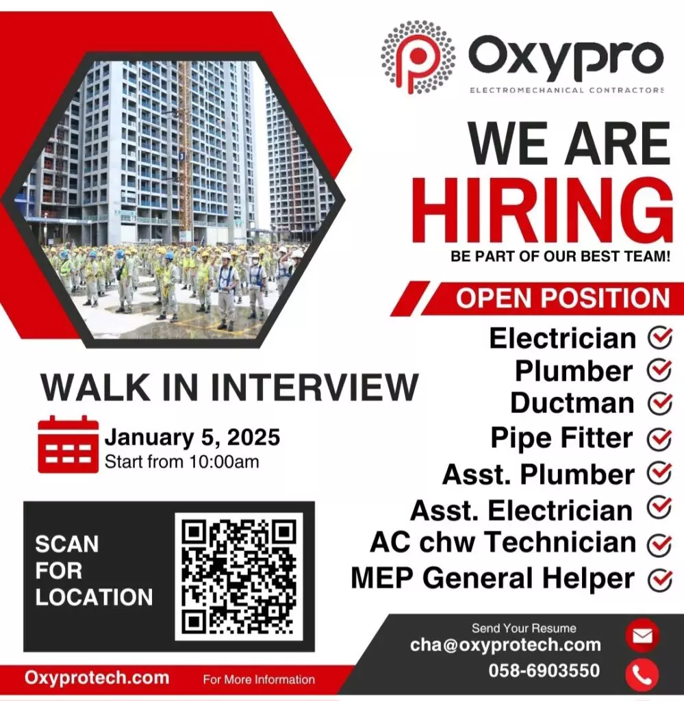 Oxypro Electromechanical Contractors Walk in Interview in Dubai 2025