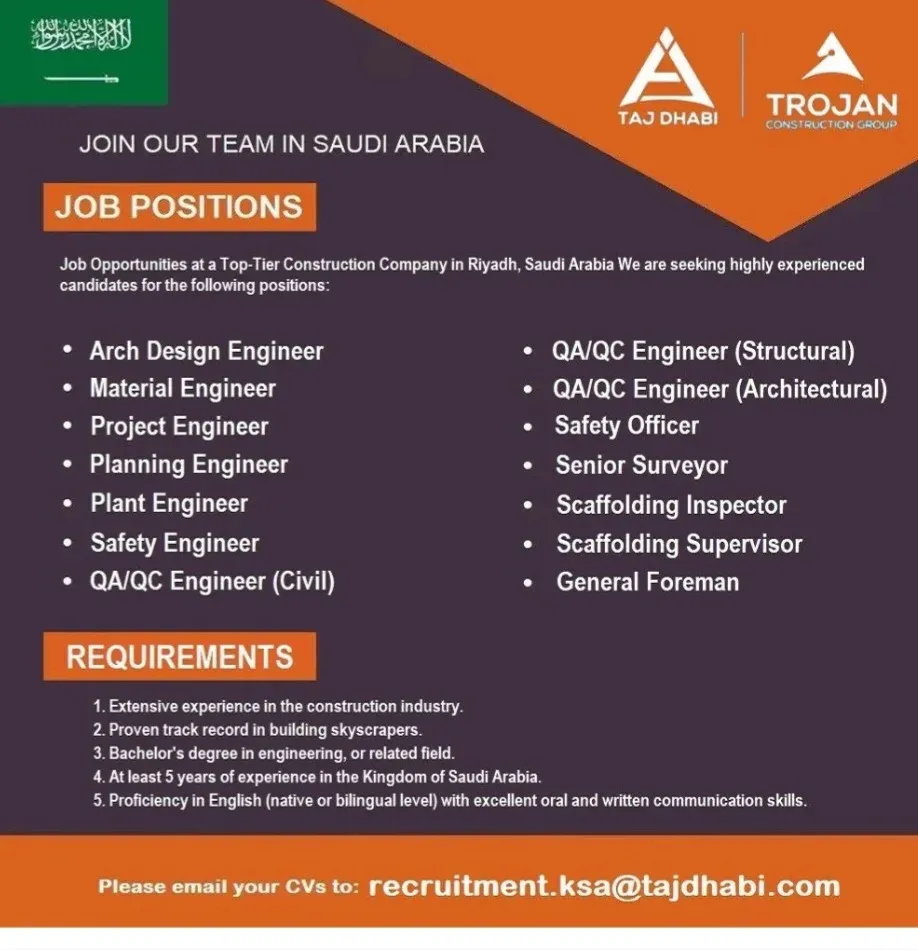 Skilled Professionals Wanted – Taj Dhabi Construction Co. Careers! 2025 1 Skilled Professionals Wanted – Taj Dhabi Construction Co. Careers! 2025