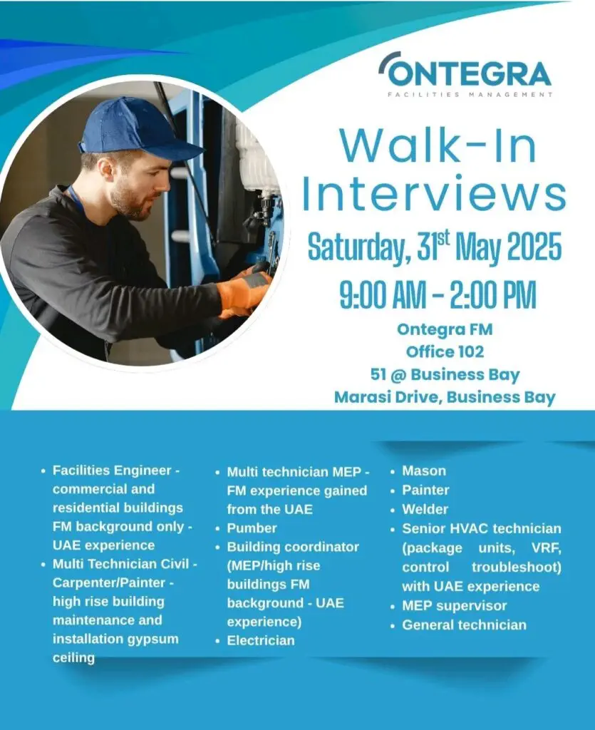 Ontegra Job Openings Dubai 2025: Walk-in Interview Dates Announced 1 Ontegra Job Openings Dubai 2025: Walk-in Interview Dates Announced