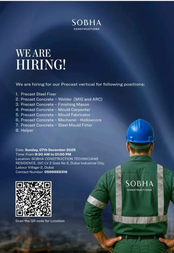 Sobha Constructions Hiring Drive: Your Chance to Build a Career in Dubai’s Precast Industry 1 Sobha Constructions Hiring Drive: Your Chance to Build a Career in Dubai’s Precast Industry
